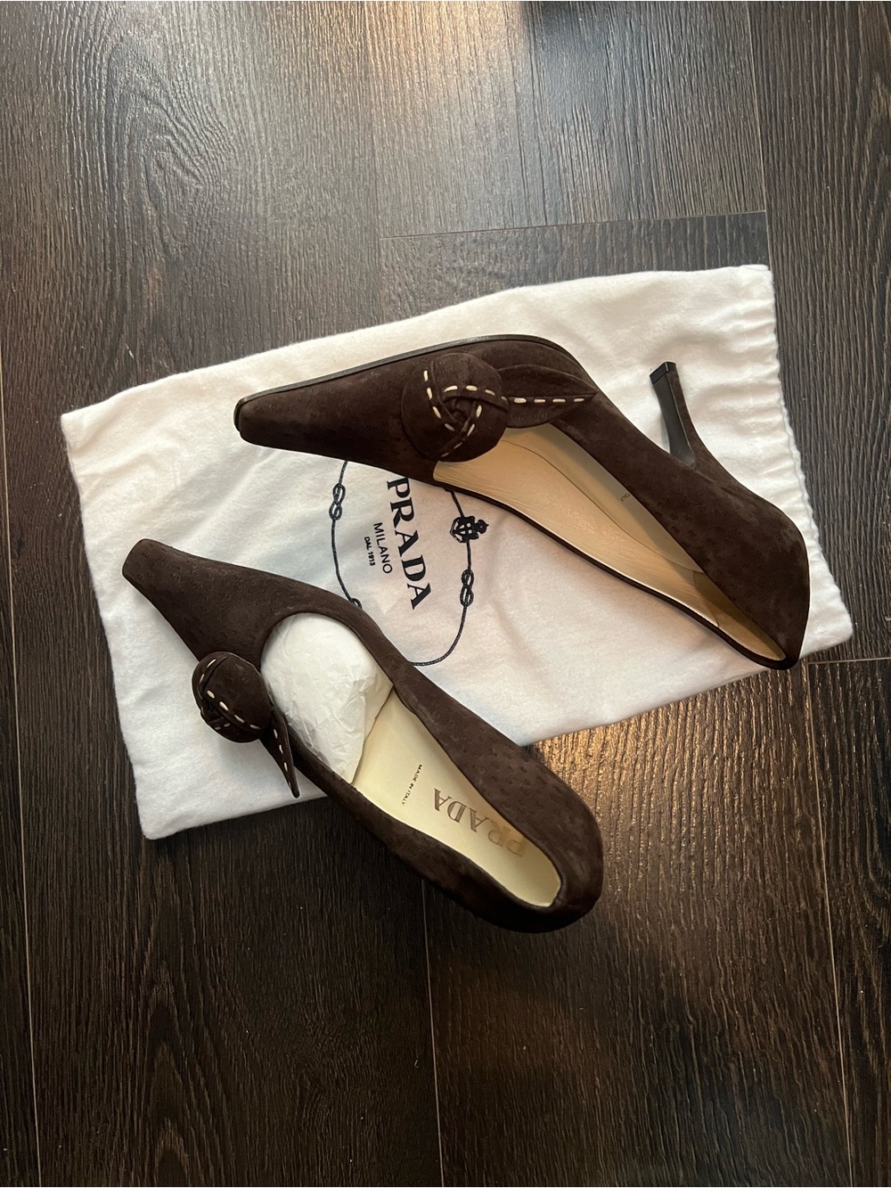 Prada Dark Brown Suede Pointed-Toe Knot Kitten Heels
